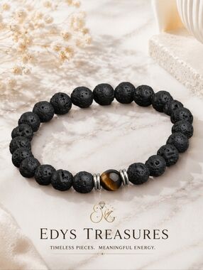 Unisex Black Lava Stone Bracelet with Tiger Eye Bead NWOT